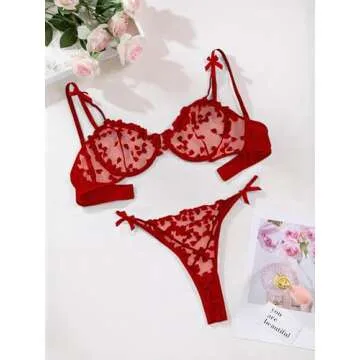 Lilosy Sexy Cute Underwire Push Up Strappy Heart Embroidered Mesh Sheer Lingerie Set for Women See Through Bra and Panty 2 Piece Bow Red Medium