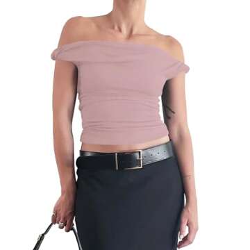 Tankaneo Womens Off The Shoulder Top Sleeveless Slim Fit Stretchy Tank Top Y2k Casual T Shirts Pink