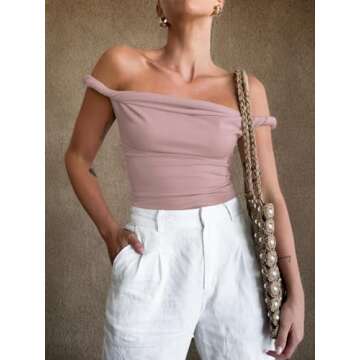Tankaneo Womens Off The Shoulder Top Sleeveless Slim Fit Stretchy Tank Top Y2k Casual T Shirts Pink