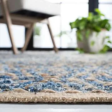 SAFAVIEH Cape Cod Collection Area Rug - 8' x 10', Natural & Blue, Handmade Flat Weave Coastal Braided Jute, Ideal for High Traffic Areas in Living Room, Bedroom (CAP351A)