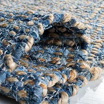SAFAVIEH Cape Cod Collection Area Rug - 8' x 10', Natural & Blue, Handmade Flat Weave Coastal Braided Jute, Ideal for High Traffic Areas in Living Room, Bedroom (CAP351A)