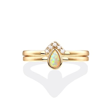 PAVOI 14K Gold Plated Stacking Rings for Women | Classy Design with Sparkling Cubic Zirconia Crystals & Opal | Everyday Jewelry (Yellow Gold Plated, 7)