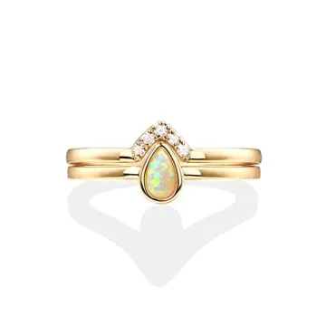 PAVOI 14K Gold Plated Stacking Rings for Women | Classy Design with Sparkling Cubic Zirconia Crystals & Opal | Everyday Jewelry (Yellow Gold Plated, 7)