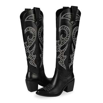 Wetkiss Black Cowgirl Boots - Women's Knee High Tall Western Boots for Cowboy & Cowgirl Costume