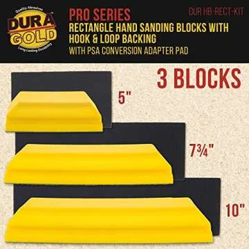 Dura-Gold Pro Series Classic Rectangle Hand Sanding Block Kit - 3 Blocks with Hook & Loop Backing an...
