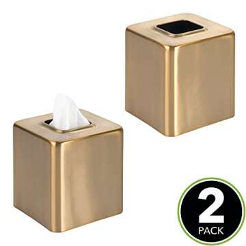 mDesign Metal Square Tissue Box Cover, Modern Facial Paper Holder - Accessories for Bathroom Vanity, Bedroom Dresser, Night Stand, Desk, Office, End Table - Unity Collection - 2 Pack - Soft Brass