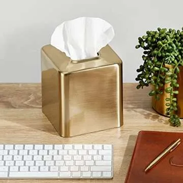 mDesign Metal Square Tissue Box Cover, Modern Facial Paper Holder - Accessories for Bathroom Vanity, Bedroom Dresser, Night Stand, Desk, Office, End Table - Unity Collection - 2 Pack - Soft Brass