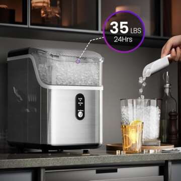 Nugget Ice Maker Countertop, 35Lbs/24H Portable Table Top Machine with Chewable & Crushed Ice, Self-Cleaning, One-Touch Operation for Home, Kitchen & Office(Stainless Steels Silver)