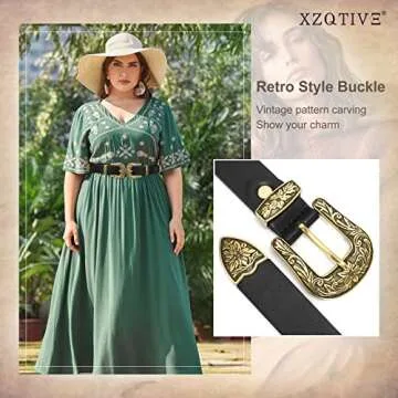 XZQTIVE Women Leather Belt Ladies Vintage Western Belt Retro Cowgirl Leather Belt Black Waist Belt for Pants Jeans Dresses