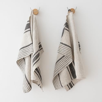 LinenMe Set of 2 Provence Linen Hand Towels, Black/Natural