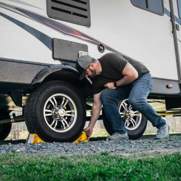 Camco Wheel Chock with Rope for Easy Removal, Helps Keep Your Trailer or RV in Place (Pack of 2) - 44471