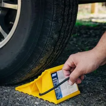 Camco Wheel Chock with Rope for Easy Removal, Helps Keep Your Trailer or RV in Place (Pack of 2) - 44471