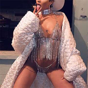 Sexy Diamond Chest Chain Bra Panties Sparkly Rhinestone Body Chain Crystal Bikini Chest Jewelry Lingerie Woman Nightclub Clothing (Silver)