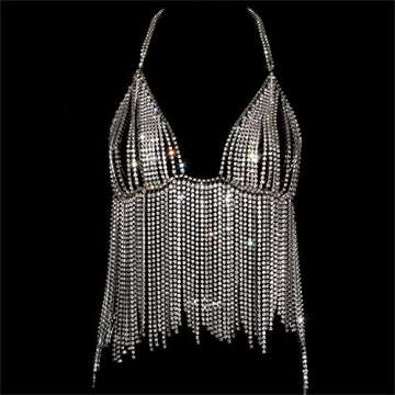 Sexy Diamond Chest Chain Bra Panties Sparkly Rhinestone Body Chain Crystal Bikini Chest Jewelry Lingerie Woman Nightclub Clothing (Silver)