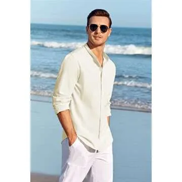 Makkrom Men Linen Shirt Button Down Long Sleeve Cotton Beach Band Collar Casual Summer Shirts