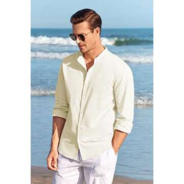 Makkrom Men Linen Shirt Button Down Long Sleeve Cotton Beach Band Collar Casual Summer Shirts