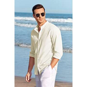 Makkrom Men Linen Shirt Button Down Long Sleeve Cotton Beach Band Collar Casual Summer Shirts