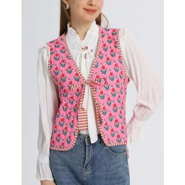 Wyeysyt Women's Cropped Floral Quilted Puffer Vest Printed Lightweight Sleeveless Padded Gilet Outwear(02RoseRed-S)
