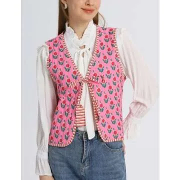 Wyeysyt Women's Cropped Floral Quilted Puffer Vest Printed Lightweight Sleeveless Padded Gilet Outwear(02RoseRed-S)