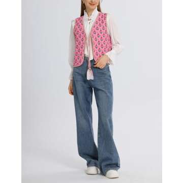 Wyeysyt Women's Cropped Floral Quilted Puffer Vest Printed Lightweight Sleeveless Padded Gilet Outwear(02RoseRed-S)