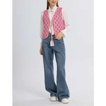 Wyeysyt Women's Cropped Floral Quilted Puffer Vest Printed Lightweight Sleeveless Padded Gilet Outwear(02RoseRed-S)