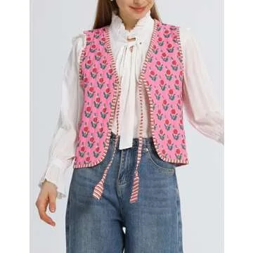 Wyeysyt Women's Cropped Floral Quilted Puffer Vest Printed Lightweight Sleeveless Padded Gilet Outwear(02RoseRed-S)