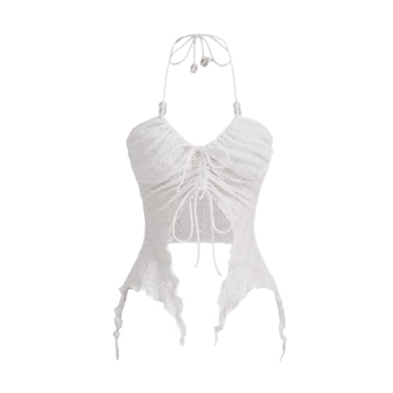 SHENHE Women's Halter Neck Ruched Drawstring Lettuce Trim Asymmetrical Cute Crop Top