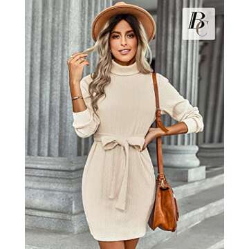 BebreezChic Knitted Dresses for Women Fall Tie Waist Turtleneck Short Thin Bottoming Knitted Dress Sweater Dress Long Sleeve Autumn Winter, Beige M
