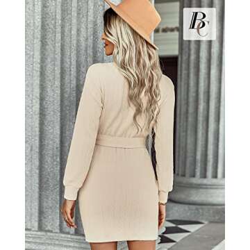 BebreezChic Knitted Dresses for Women Fall Tie Waist Turtleneck Short Thin Bottoming Knitted Dress Sweater Dress Long Sleeve Autumn Winter, Beige M