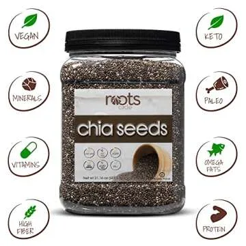 Roots Circle Non-GMO Chia Seeds | 1.3 Pound (Pack of 1) Raw Superfood, Vegan, Kosher, Nut & Gluten Free, Keto & Paleo Friendly | Add Omega 3 & Protein to your Salad, Smoothie, Oatmeal, & Acai Bowl