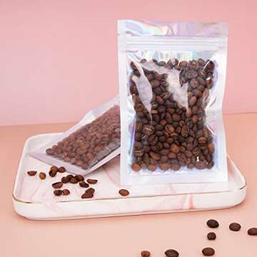 100 Pieces Resealable Smell Proof Bags - 5.5 x 7.8 Inches Foil Pouch Bags， Flat Clear Ziplock Food Storage Bags Plastic Packaging Foil Bags for Party Favor Food Storage(Holographic Rainbow Color)