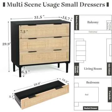 HOPUBUY 3 Drawer, Rattan Dresser Modern Closet Dressers Chest of Drawers, Wood Black Storage Chest for Kids, Hallway, Living Room