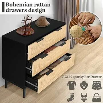 HOPUBUY 3 Drawer, Rattan Dresser Modern Closet Dressers Chest of Drawers, Wood Black Storage Chest for Kids, Hallway, Living Room