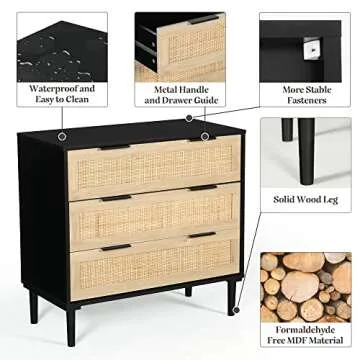 HOPUBUY 3 Drawer, Rattan Dresser Modern Closet Dressers Chest of Drawers, Wood Black Storage Chest for Kids, Hallway, Living Room