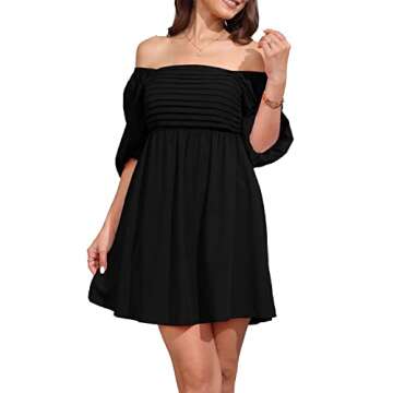 Ebifin Womens Square Neck Dresses Half Puff Sleeve High Waist A-Line Casual Backless Smocked Short Babydoll Mini Dress