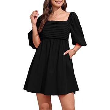 Ebifin Womens Square Neck Dresses Half Puff Sleeve High Waist A-Line Casual Backless Smocked Short Babydoll Mini Dress