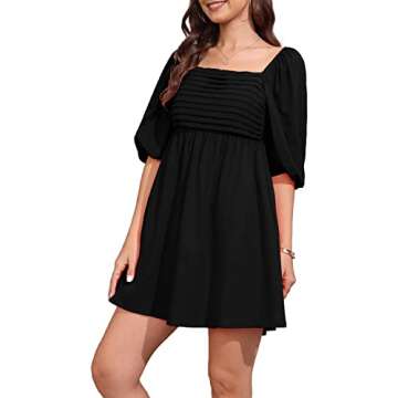 Ebifin Womens Square Neck Dresses Half Puff Sleeve High Waist A-Line Casual Backless Smocked Short Babydoll Mini Dress