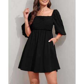 Ebifin Womens Square Neck Dresses Half Puff Sleeve High Waist A-Line Casual Backless Smocked Short Babydoll Mini Dress