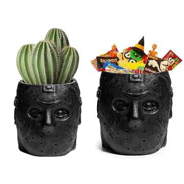 Masked Monster Planter for Flowers and Succulents - 6" H Polyresin Skulls Pot, Indoor Outdoor Plants - Décor Home Gothic Decor for Make Up Brush Holder Office Desk Organizer (Black) for Him and Her