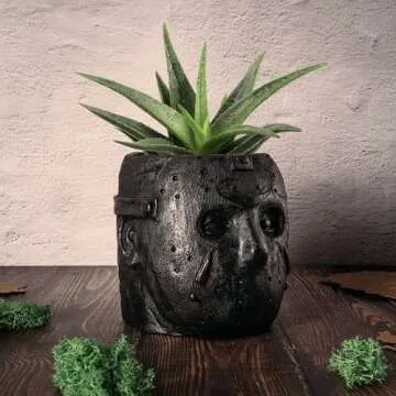 Masked Monster Planter for Flowers and Succulents - 6" H Polyresin Skulls Pot, Indoor Outdoor Plants - Décor Home Gothic Decor for Make Up Brush Holder Office Desk Organizer (Black) for Him and Her