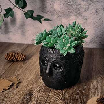 Masked Monster Planter for Flowers and Succulents - 6" H Polyresin Skulls Pot, Indoor Outdoor Plants - Décor Home Gothic Decor for Make Up Brush Holder Office Desk Organizer (Black) for Him and Her