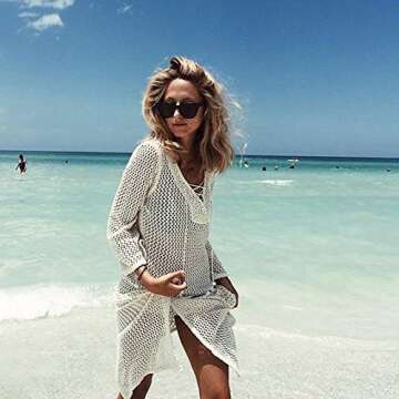 NFASHIONSO Women's Fashion Swimwear Crochet Tunic Cover Up/Beach Dres,Beige2