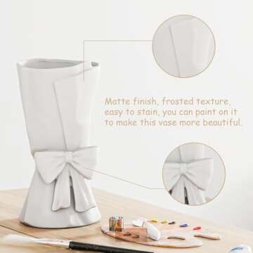 Relexome White Ceramic Bow Vase Unique Cute Decorative Bouquet Flower Vases 9.64 in