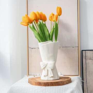 Relexome White Ceramic Bow Vase Unique Cute Decorative Bouquet Flower Vases 9.64 in