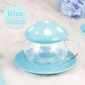 Cute Cups Mushroom Tea Cup with Infuser and Lid, Kawaii Glass Tea Cups and Saucers, 290ML Mushroom Tea Mugs with Spoon, Perfect Gifts for Girls and Women for Home and Office Use 9.8oz (Blue)