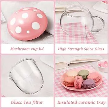 Cute Cups Mushroom Tea Cup with Infuser and Lid, Kawaii Glass Tea Cups and Saucers, 290ML Mushroom Tea Mugs with Spoon, Perfect Gifts for Girls and Women for Home and Office Use 9.8oz (Blue)
