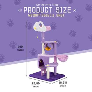 All in one Indoor cat Tree - Broad-Scale cat Tower - Belt Cute cat Scratching Post - 61" Purple Cat Apartment with Hammock - Full Body Cashmere wrap