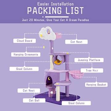 All in one Indoor cat Tree - Broad-Scale cat Tower - Belt Cute cat Scratching Post - 61" Purple Cat Apartment with Hammock - Full Body Cashmere wrap