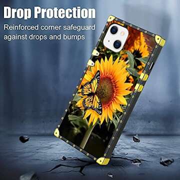 Bonoma Compatible with iPhone 13 Case 6.1 in 2021 with Strap, Sunflower Butterfly Soft TPU Luxury Elegant Shockproof Protective Metal Cushion Corner Case for iPhone 13