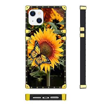 Bonoma Compatible with iPhone 13 Case 6.1 in 2021 with Strap, Sunflower Butterfly Soft TPU Luxury Elegant Shockproof Protective Metal Cushion Corner Case for iPhone 13